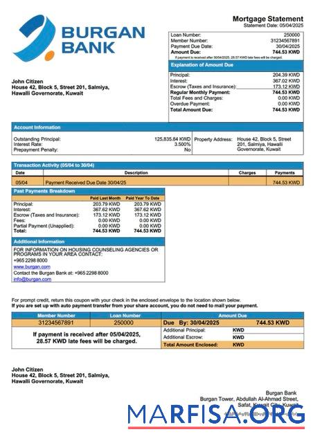 Printable Kuwait Burgan Bank mortgage statement Word and PDF template